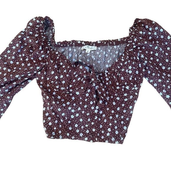 NWT L.A. Hearts-PacSun Cold Shoulder Floral Crop Top Brown/White Size Small - Picture 2 of 11